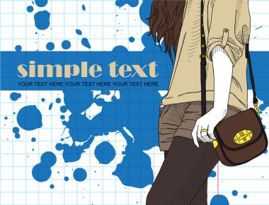 Kroki tarzı bir kirli arka çanta moda kız. vektör çizim.