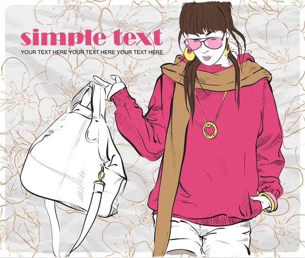 Cute fashion girl on a floral grunge background. Vector illustrator. Place for your text. — Stock Vector