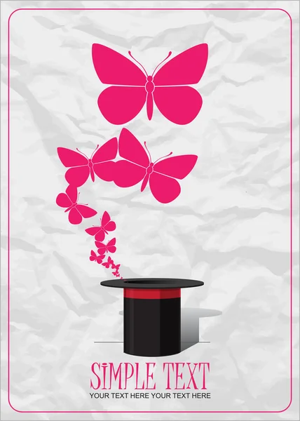 Butterflies taking off from magic hat. Vector illustration, paper-background. Place for your text. — Stock Vector