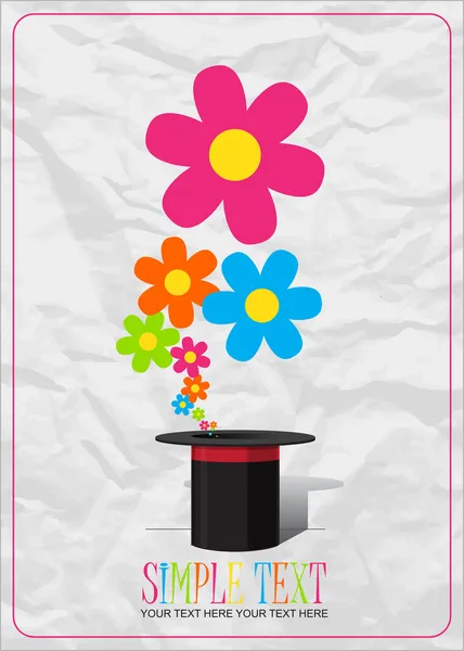 Flowers taking off from magic hat. Vector illustration, paper-background. Place for your text. — Stock Vector