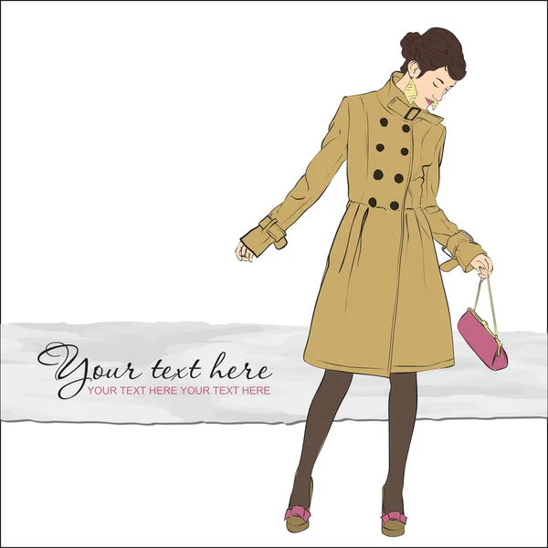 Chica de moda otoñal en un abrigo en estilo de boceto. Ilustración vectorial. — Vector de stock