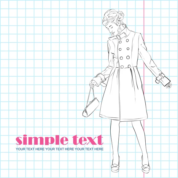 Podzimní móda dívka v kabátě stylově náčrtu na papír na pozadí. vektorové ilustrace. — Stockový vektor