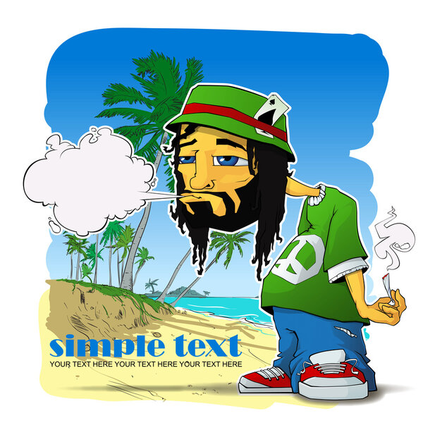 Rasta character on a beach-background. Vector illustration. Place for your text.