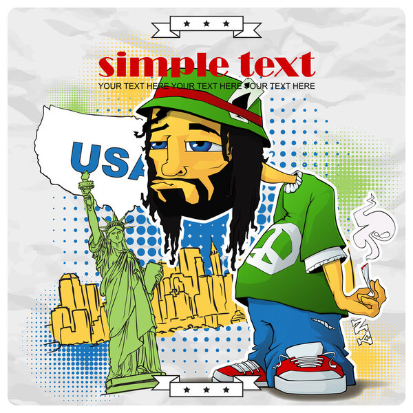 Rasta character on a usa-background. Vector illustration. Place for your text.