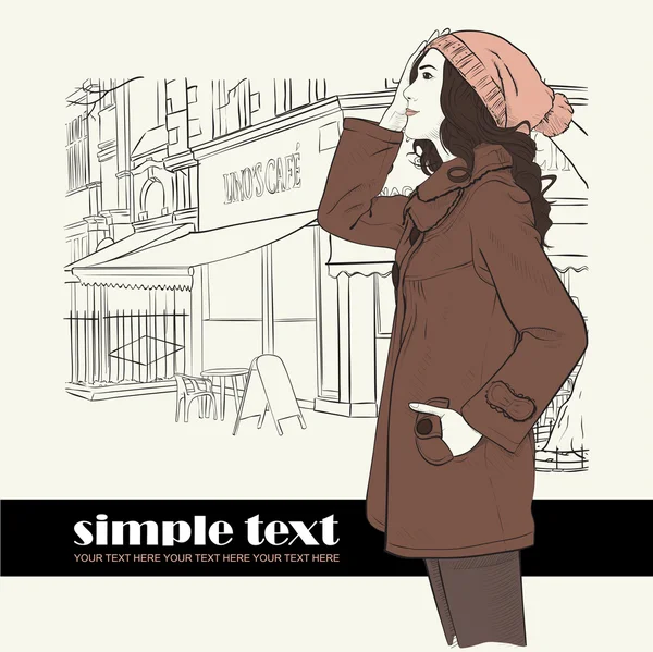 Höstens mode flicka på gatan-café bakgrund. Vector illustratör. plats för din text. — Stock vektor