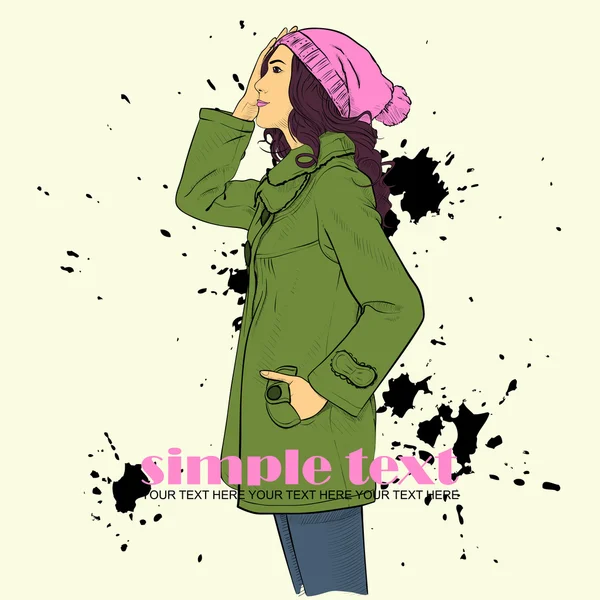 Sonbahar moda kız bir grunge arka planda. Vector Illustrator. metin için yer — Stok Vektör