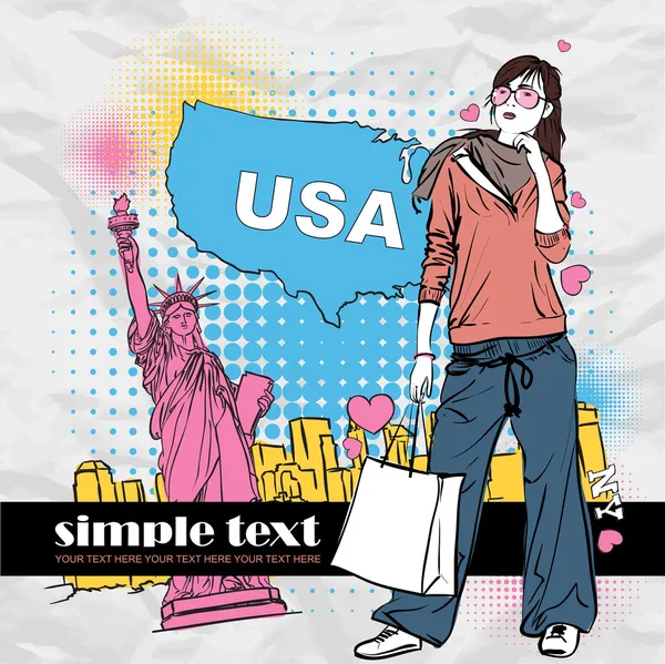 Fashion girl with shopping bag in sketch-style on a usa-background. Vector illustration. Place for your text. — Stock Vector