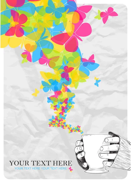 Abstract vectorillustratie van cup in handen met vlinders. plaats voor uw tekst. — Stockvector