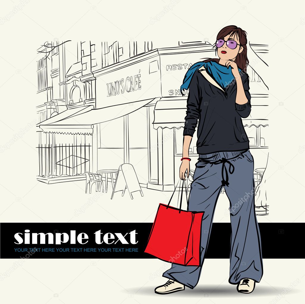 Sexy fashion girl in sketch style on a street-cafe background. Vector illustrator.