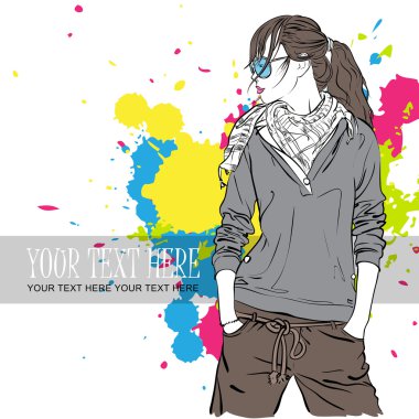 üzerinde kirli arka plan .vector illüstrasyon kroki tarzı kız moda.