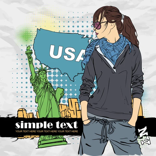 Fashion girl in sketch-style on a usa-background. Vector illustration. Place for your text — Stock Vector