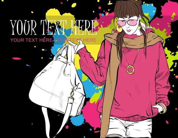 Ilustración vectorial de una chica de moda sobre un fondo sucio. Lugar para su texto . — Vector de stock
