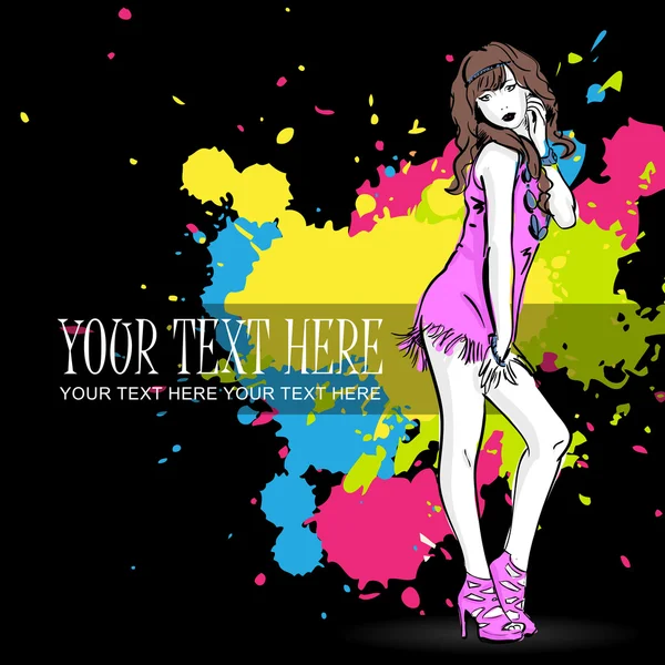 Ilustración vectorial de una chica de moda sobre un fondo sucio. Lugar para su texto . — Vector de stock