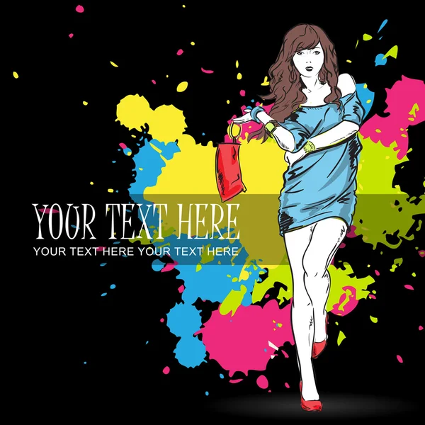 Vector illustration of a fashion girl on a dirty background. Place for your text. — Stock Vector