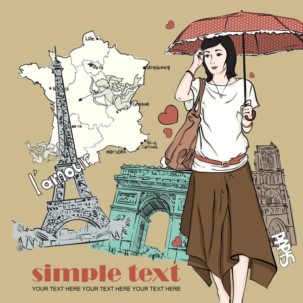 Spring Girl mit Hut auf französischem Hintergrund. Vektorillustration — Stockvektor