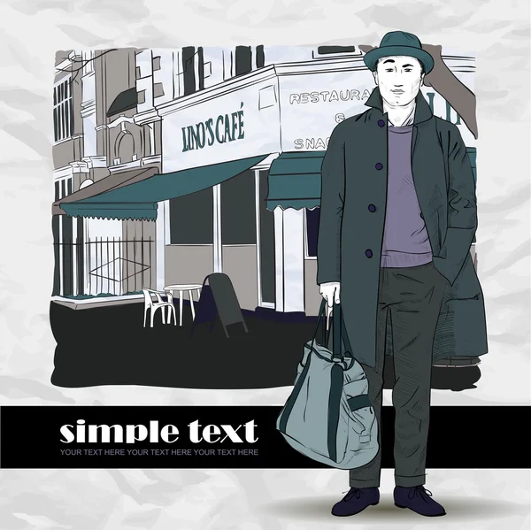 Fashion boy in sketch-style on a street-cafe-backgro und. Vector illustration. — Stock Vector