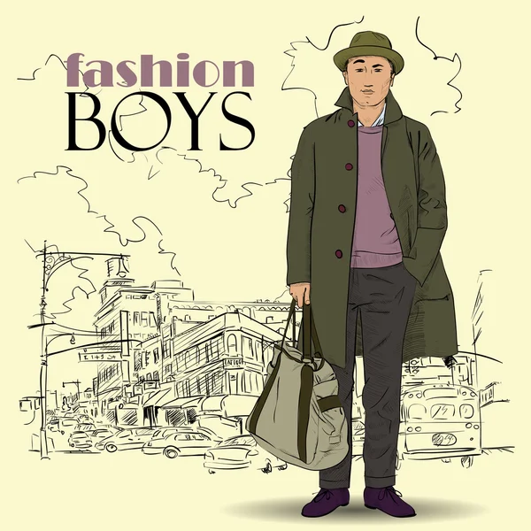Rapaz da moda em estilo esboço em uma cidade de fundo. Ilustração vetorial . — Vetor de Stock