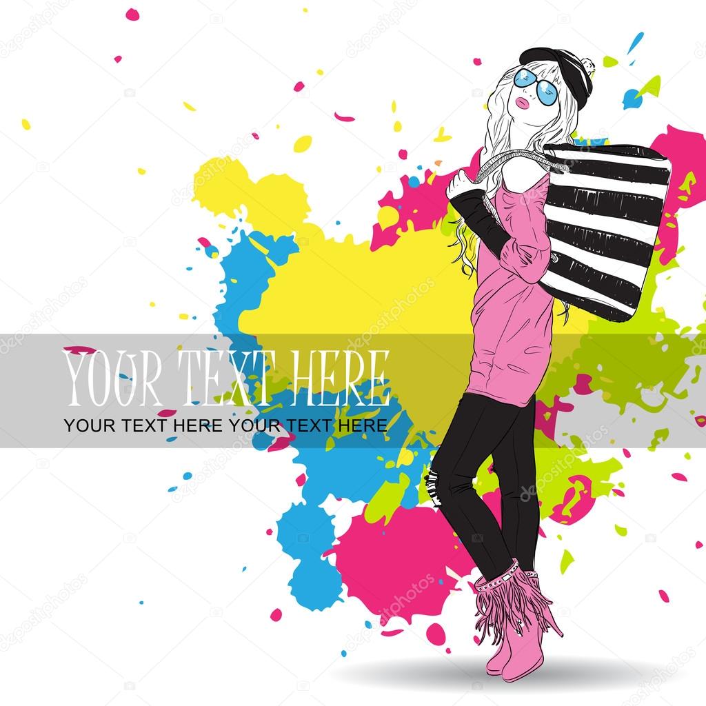 Vector illustration of a fashion girl on a dirty background. Place for your text.