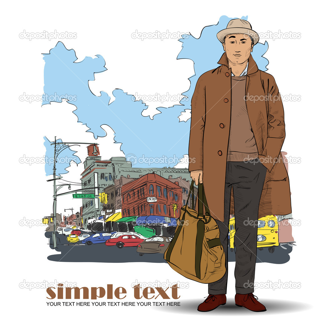 Fashion boy in sketch-style on a city-background. Vector illustration.