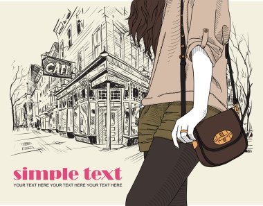 Kroki tarzı bir cadde kafe arka planda kız seksi moda. Vector Illustrator.