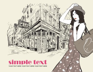 Kroki tarzı bir cadde kafe arka planda kız seksi moda. Vector Illustrator.