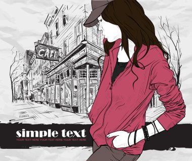 Kroki tarzı bir cadde kafe arka planda kız seksi moda. Vector Illustrator.