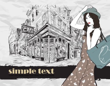 Kroki tarzı bir cadde kafe arka planda kız seksi moda. Vector Illustrator.