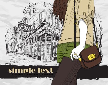 Kroki tarzı bir cadde kafe arka planda kız seksi moda. Vector Illustrator.