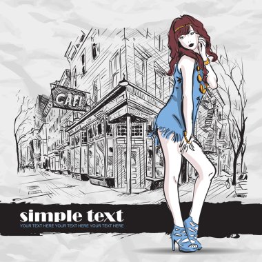 Kroki tarzı bir cadde kafe arka planda kız seksi moda. Vector Illustrator.