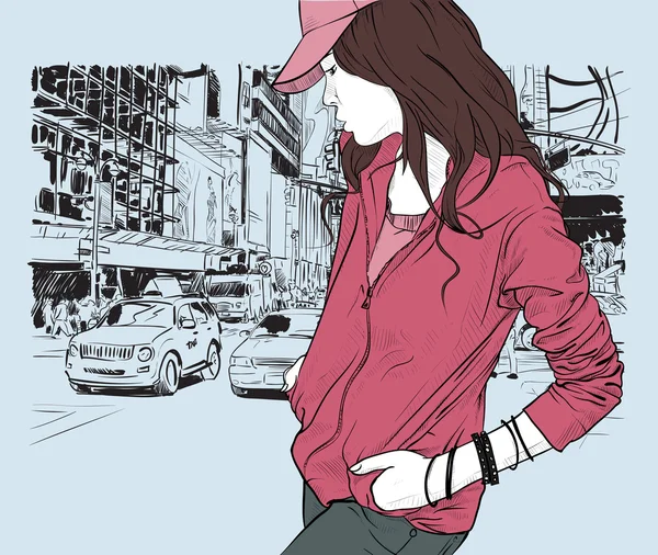 Fashion girl avec bonnet en style croquis sur fond de ville. Illustration vectorielle . — Image vectorielle