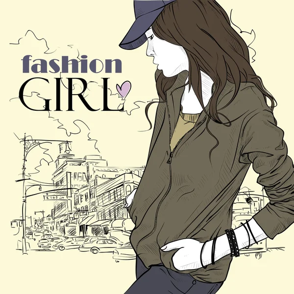 Fashion girl with cap in sketch-style on a city-background. Vector illustration. — Stock Vector