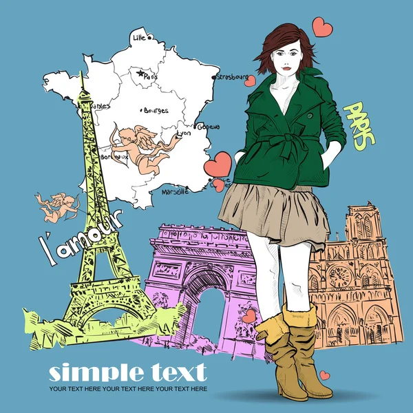 Fashion girl in a sketch style over France background — Stock Vector