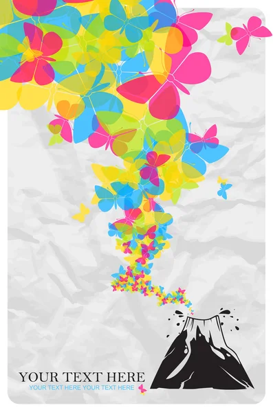 Ilustración abstracta vectorial con volcán y mariposas . — Vector de stock