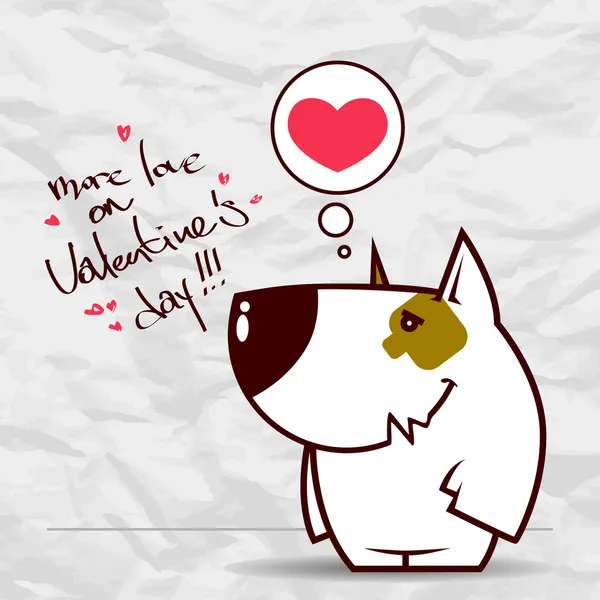 Komik karikatür köpek ve Kağıt arka plan üzerinde bir kalp ile Sevgililer günü tebrik kartı. — Stok Vektör