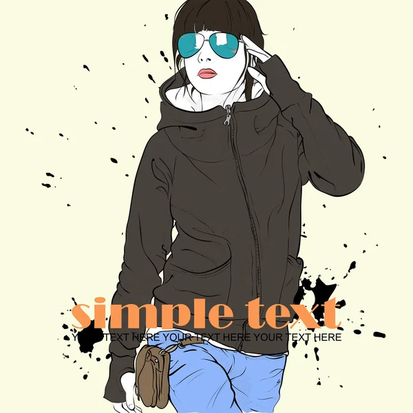 Menina da moda em estilo esboço em um fundo sujo .Vector ilustração . — Vetor de Stock