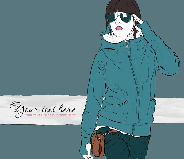 スケッチ スタイルで用紙の背景 .vector 図のバッグとファッションの女の子. — ストックベクタ