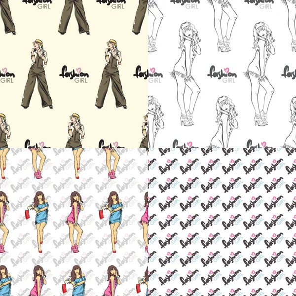 Vector set of seamless patterns with fashion girls. — Stock Vector