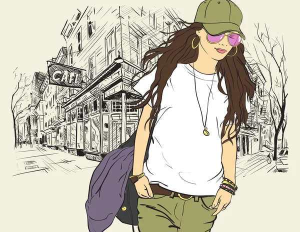 Sexy chica de la moda en estilo de boceto en un fondo de la calle-cafetería. Vector ilustrador . — Vector de stock