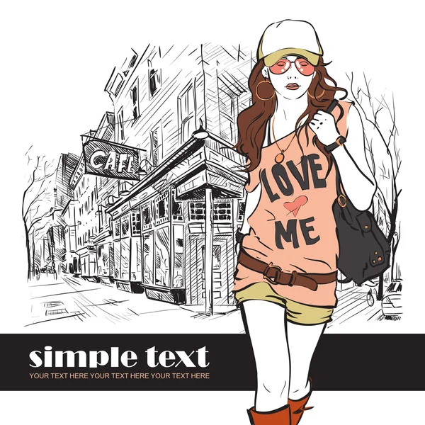 Sexig mode flicka i skiss stil på en street-café bakgrund. Vector illustratör. — Stock vektor
