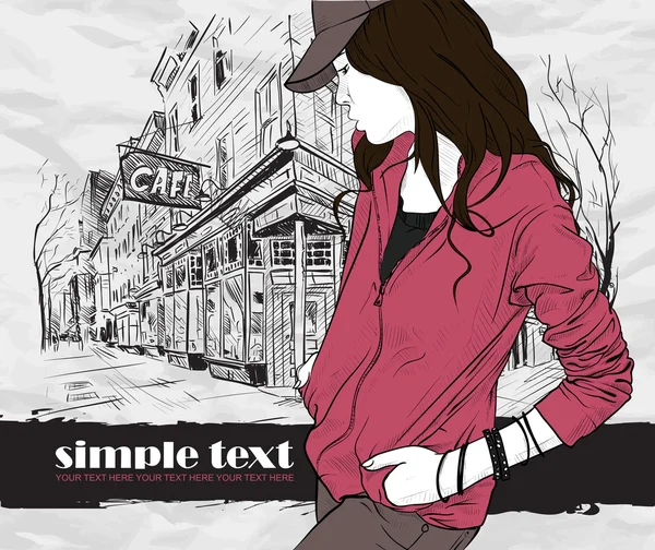 Sexig mode flicka i skiss stil på en street-café bakgrund. Vector illustratör. — Stock vektor