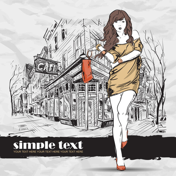 Сексуальная девушка моды в стиле эскиза на фоне уличного кафе. Векторный иллюстратор
.