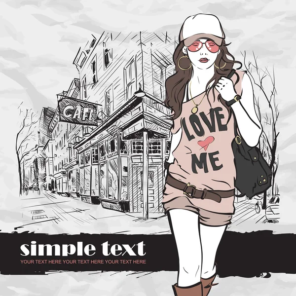 Sexy fashion meisje in schets stijl op een straat-café achtergrond. vector illustrator. — Stockvector