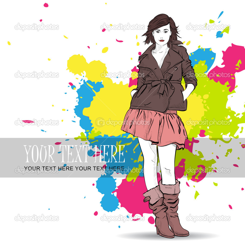 Fashion girl in a sketch style over grunge background