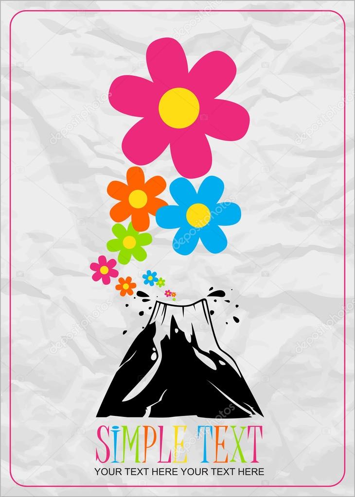 Abstract vector illustration with volcano and flowers.