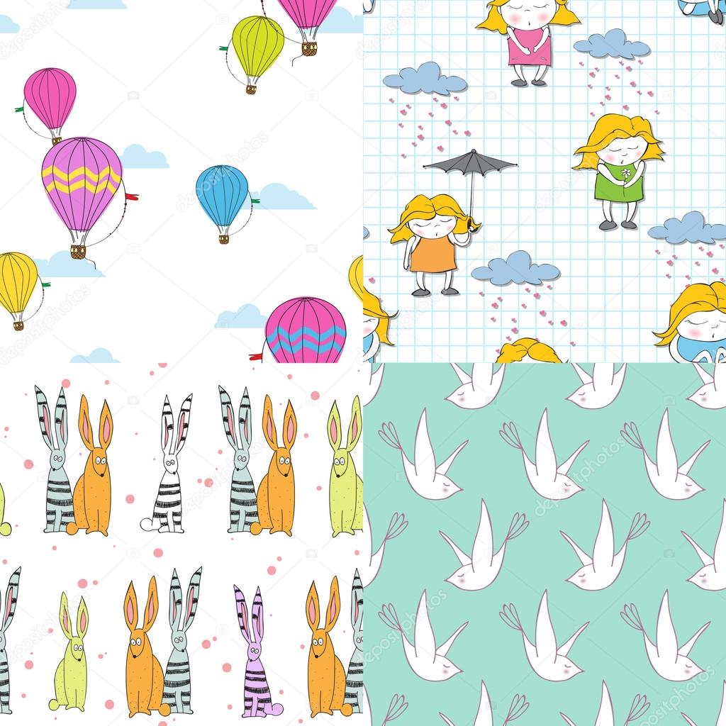 Set of vector seamless textures with cute cartoon characters.