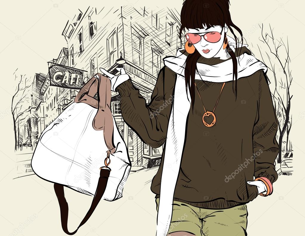 Sexy fashion girl in sketch style on a street-cafe background. Vector illustrator.