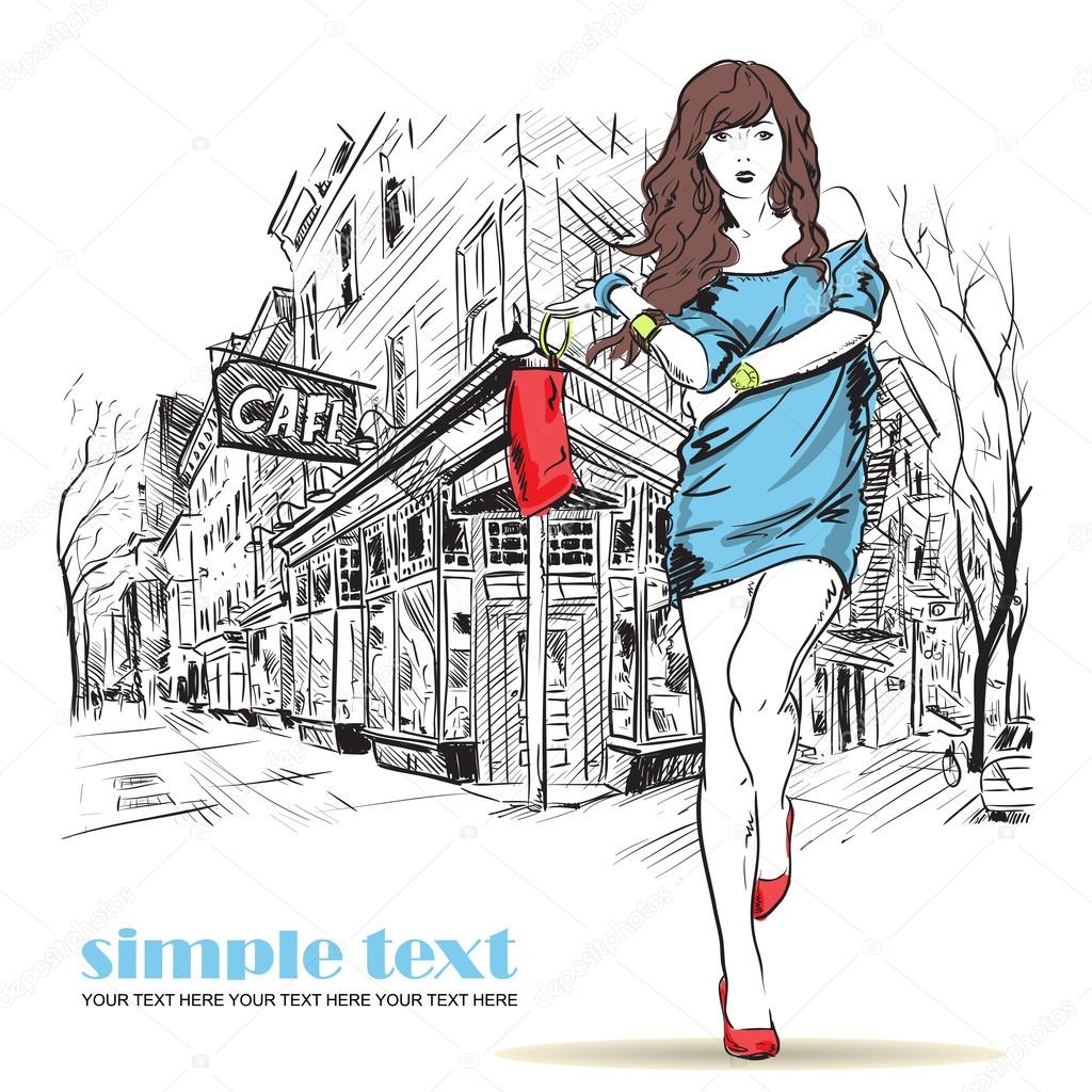 Sexy fashion girl in sketch style on a street-cafe background. Vector illustrator.