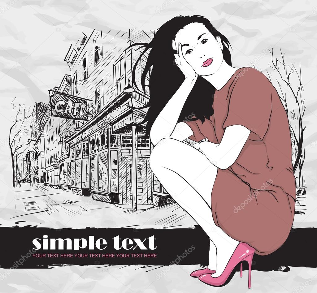 Sexy fashion girl in sketch style on a street-cafe background. Vector illustrator.