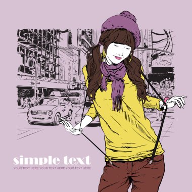 Kroki tarzı bir kasaba arka planda bere ile genç bir kız. vektör çizim.