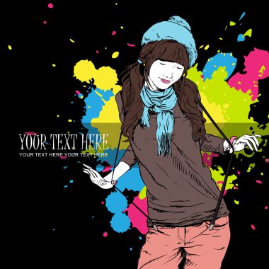 sonbahar moda kız bir grunge arka planda. Vector Illustrator. metin için yer
